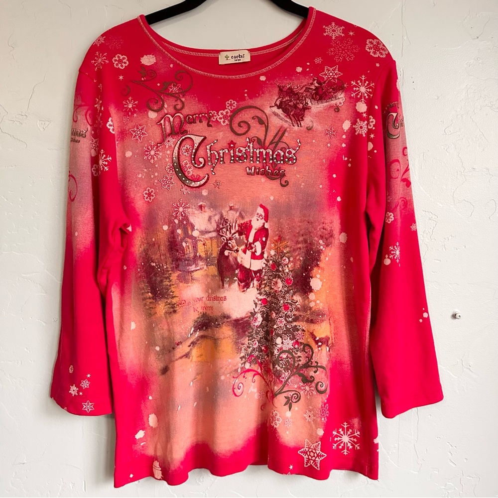 Vintage Cactus Red Christmas Cottagecore 3/4 Sleeve Rhinestone Santa‎ Tee Large